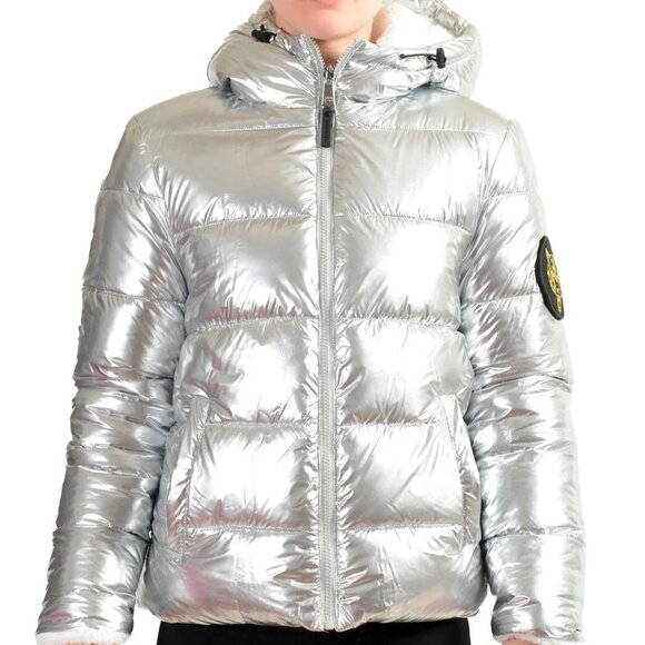 Plein Sport Women's Silver Reversible Sherpa Logo Print Parka Jacket US S IT 40